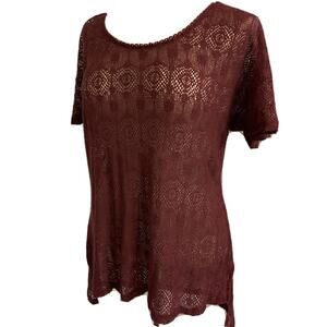 Large Painted Threads Burgundy Lace Short Sleeve Top Women's Sheer